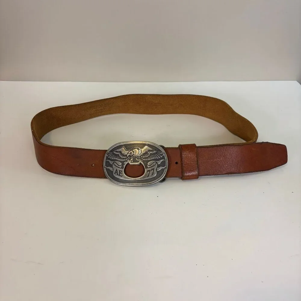 American Eagle AE 77 Brown Leather Big Belt Buckle Belt Men's 34